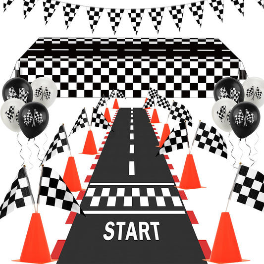 AHIER traffic cones with flags for durable, reusable race-themed party decor.