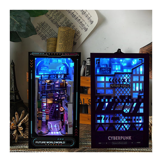 Ahilmrn Book Nook cyberpunk blue lights illuminate a compact desk display.