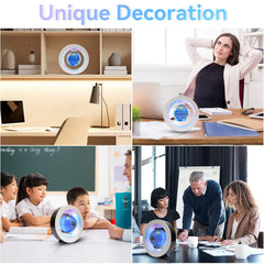 Ahilzam levitating globe rotates softly under multicolor LED lights.