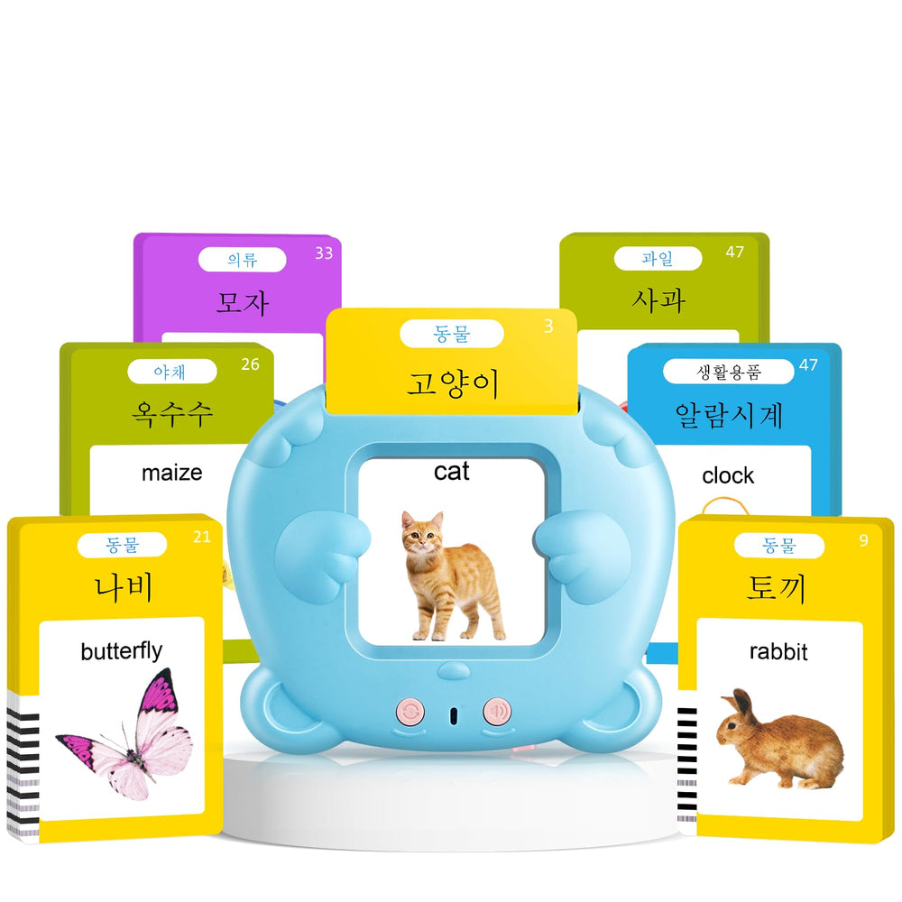 AHJ Korean-English talking flash cards showcase vibrant visuals to boost early bilingual word recognition.