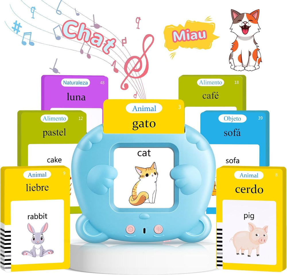 AHJ Talking Flash Cards card reader demonstrates bilingual pronunciation for toddlers