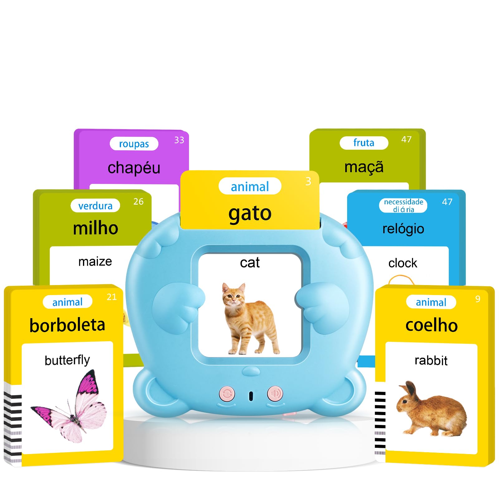 AHJ talking flash cards reader showcasing bilingual prompts for early language learning