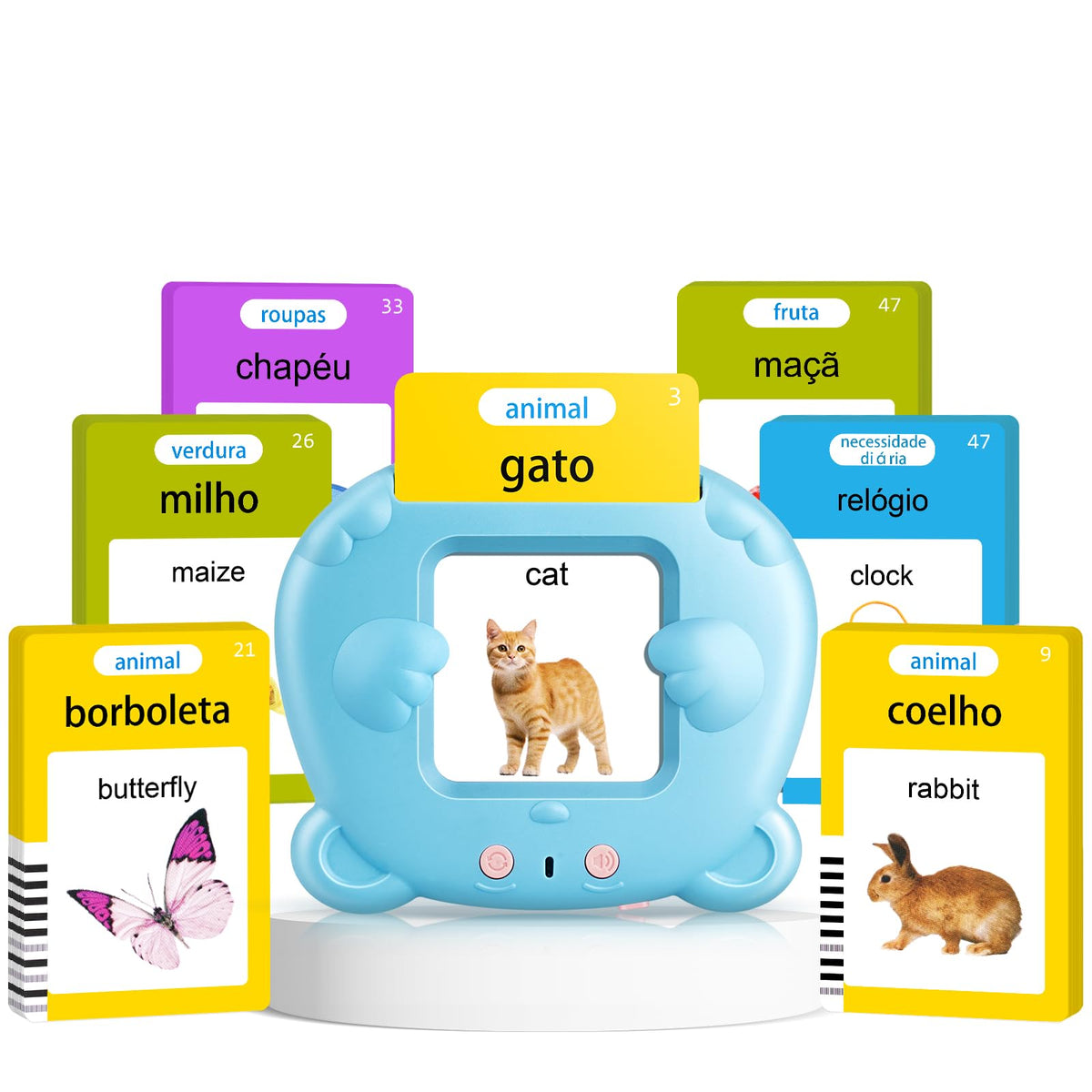 AHJ talking flash cards reader showcasing bilingual prompts for early language learning