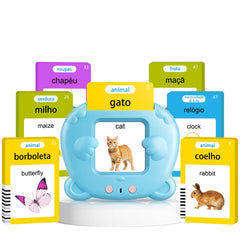 AHJ talking flash cards reader showcasing bilingual prompts for early language learning