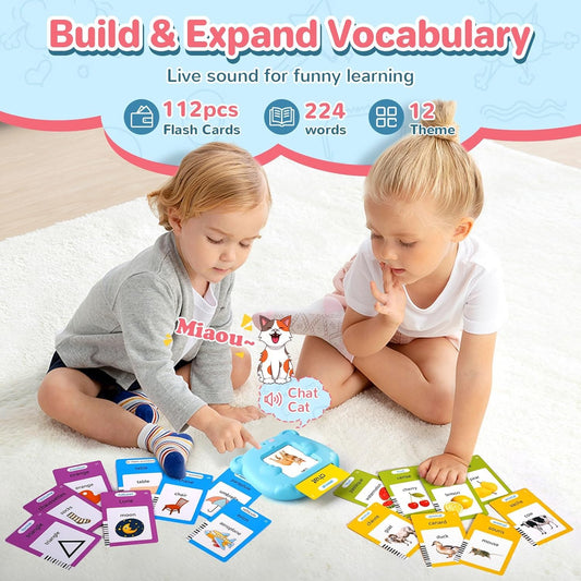 AHJ talking flash cards depict transportation scenes for language learning through visuals