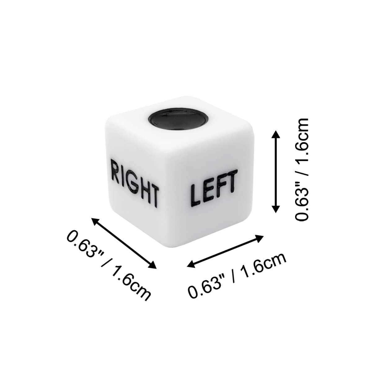 Ahoper dice faces show LEFT, RIGHT, CENTER indicators up close.