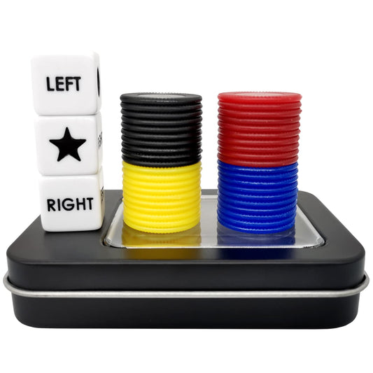 Ahoper left-right-center dice game set with dices and colorful chips for lively play.