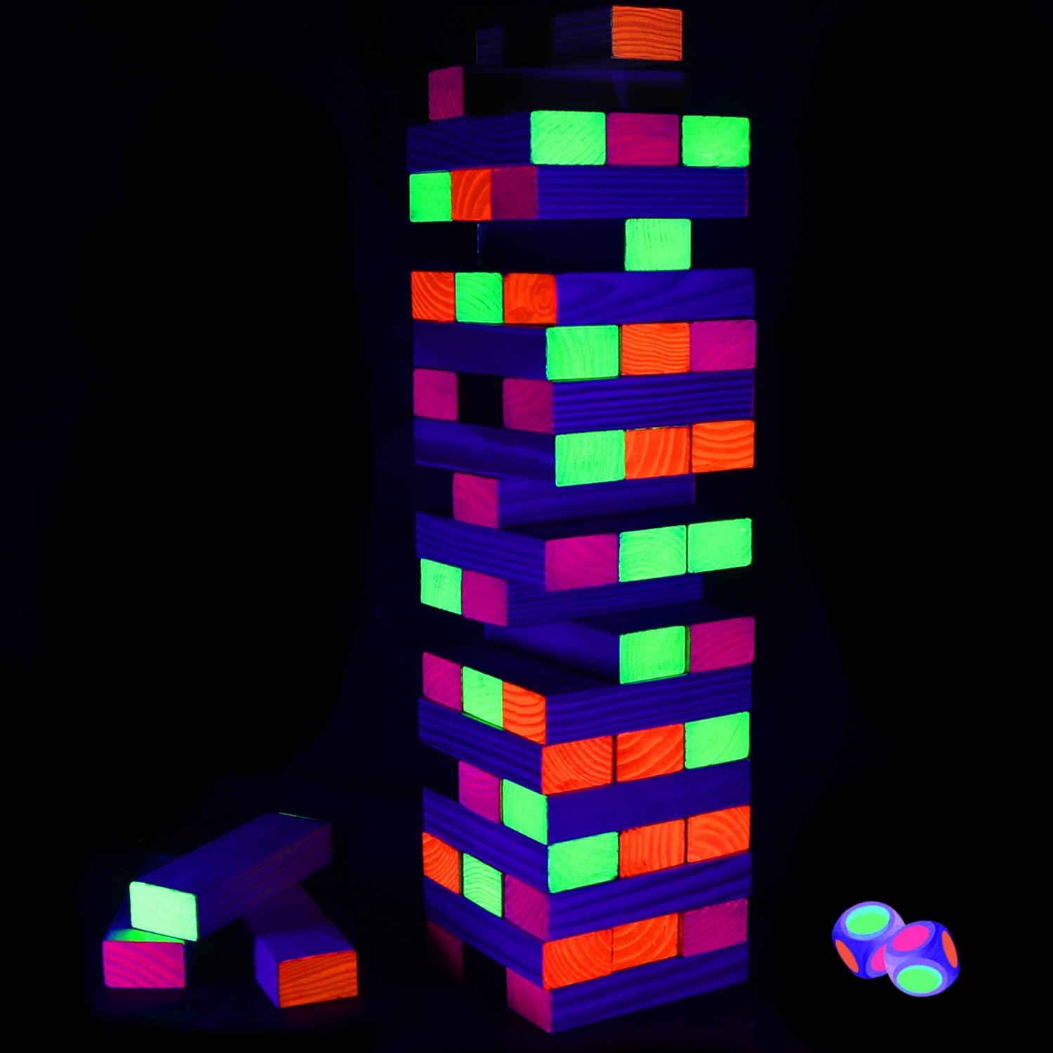 Ahuimeius 54-piece glow tumble tower blocks for vibrant nighttime play and family challenge