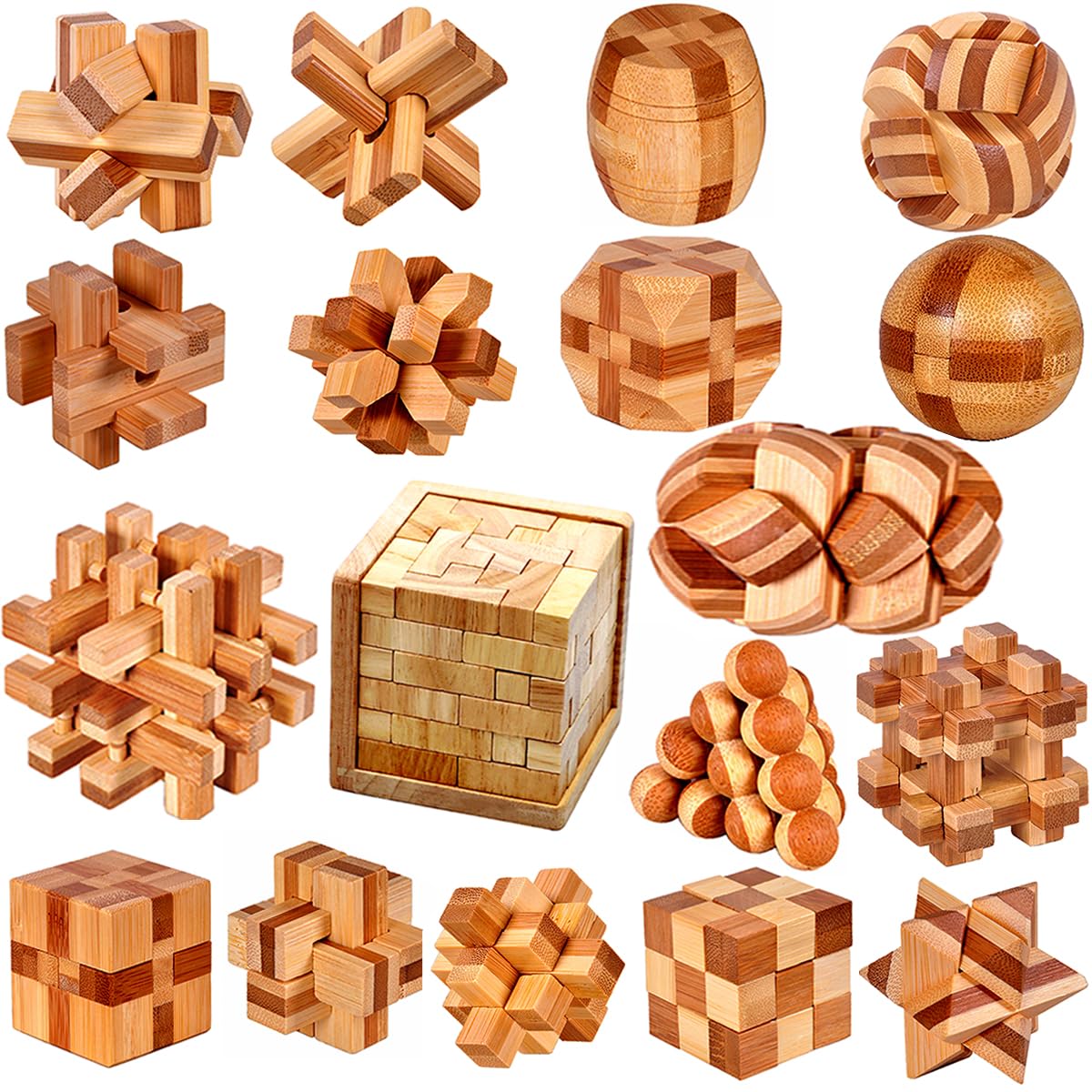 Ahyuan 18-pack wooden brain teaser front view for family challenge