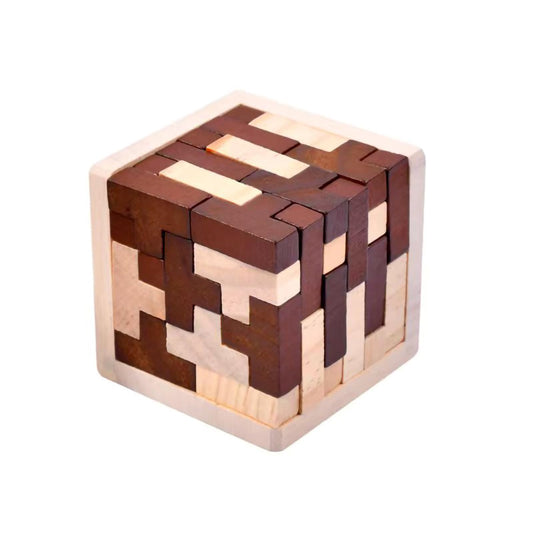 Ahyuan wooden brain teaser cube front view with smooth basswood finish for mindful play