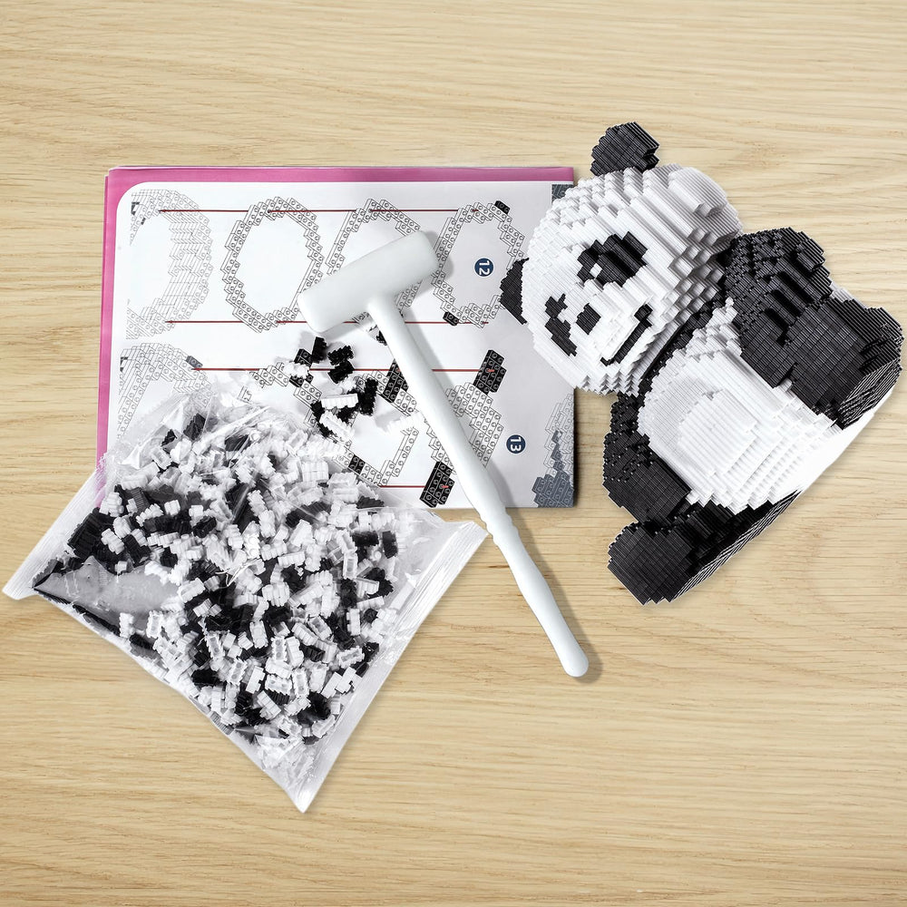 Close-up of interlocking panda bricks from AHZILEI set