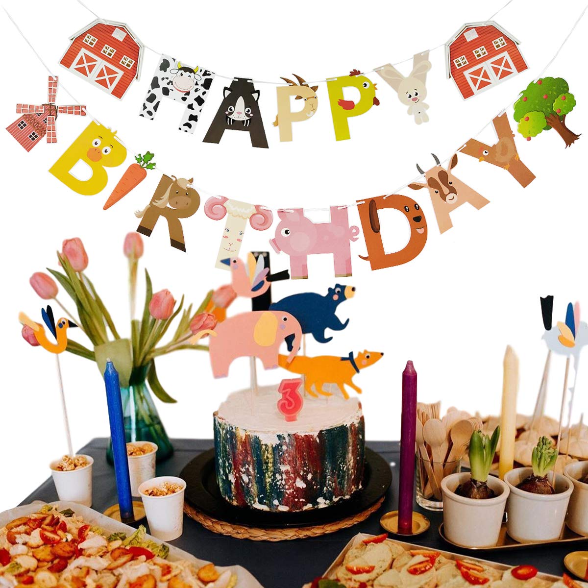 AI PARTY Farm Animals Banner DIY setup shown for easy assembly
