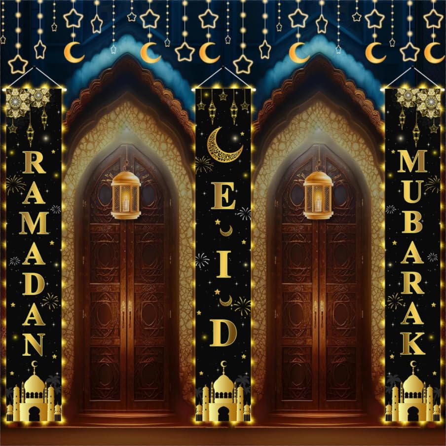 AIBIIN 3pc Ramadan Mubarak banner for front door, vibrant decor for welcoming guests.