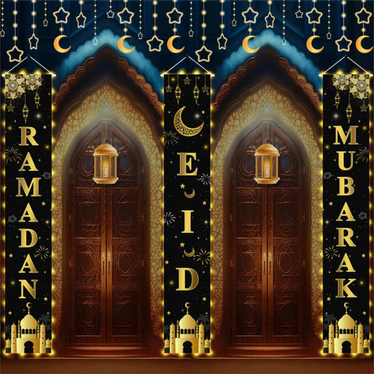 AIBIIN 3pc Ramadan Mubarak banner for front door, vibrant decor for welcoming guests.
