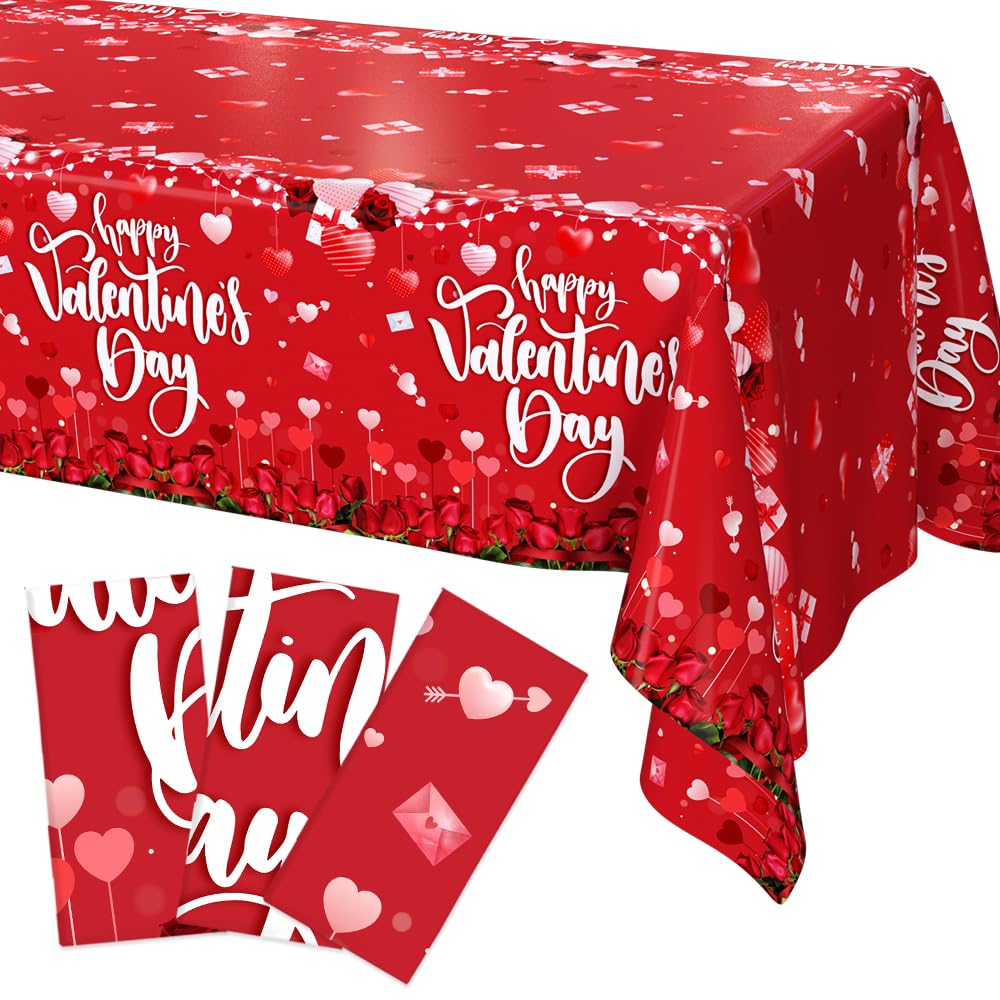 AIBIIN valentines tablecloth 3-pack with red flowers for festive table setting