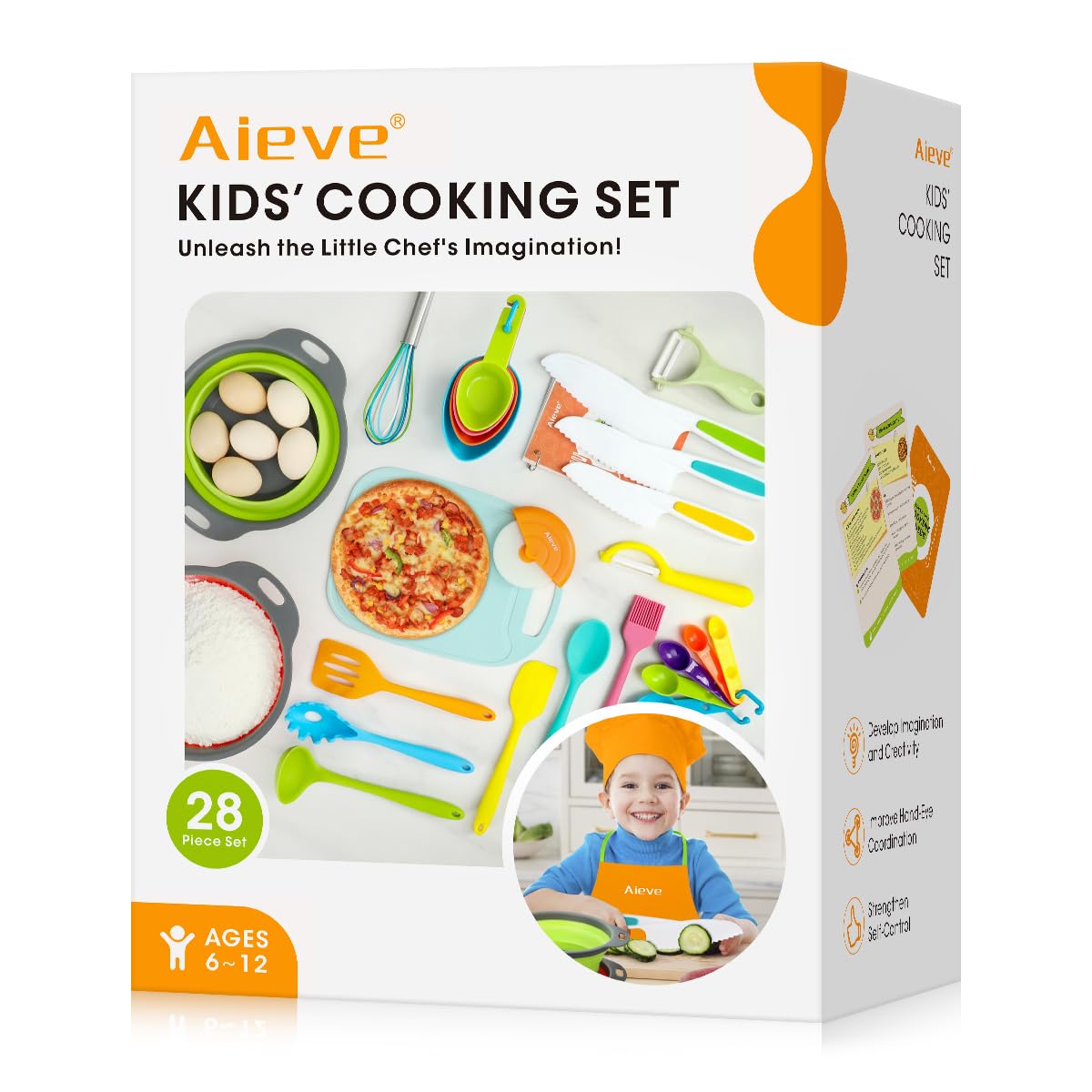 AIEVE kids cooking set with chef hat and apron for safe, realistic pretend cooking.