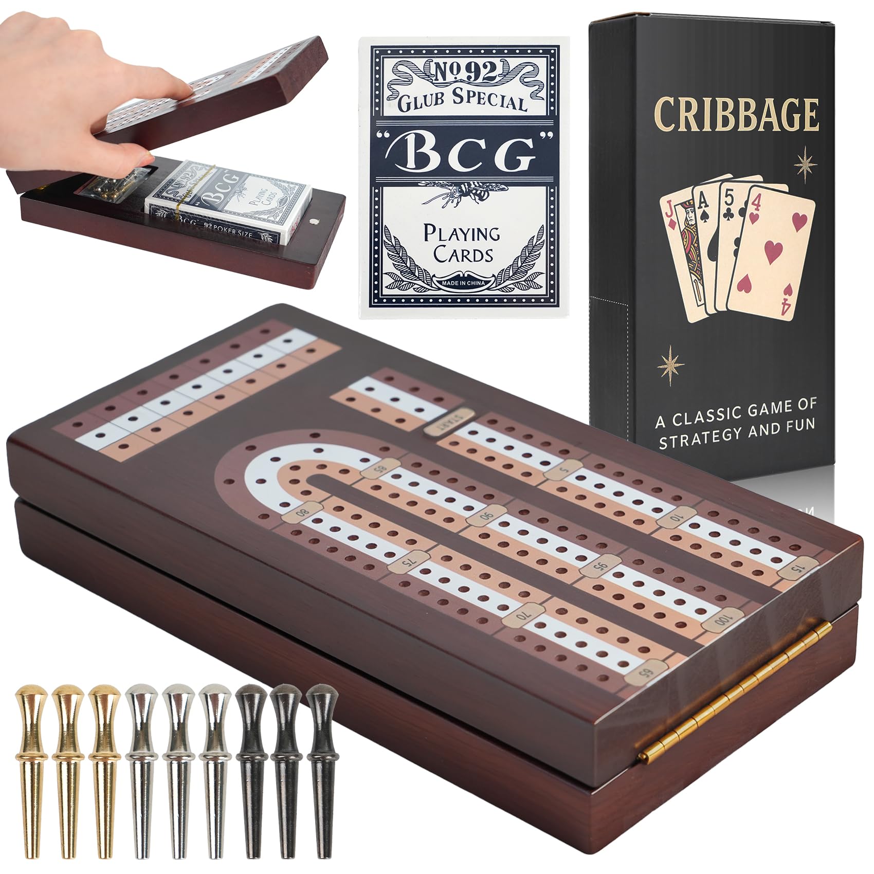 Aigomc cribbage board folded for travel, portable and easy to carry.