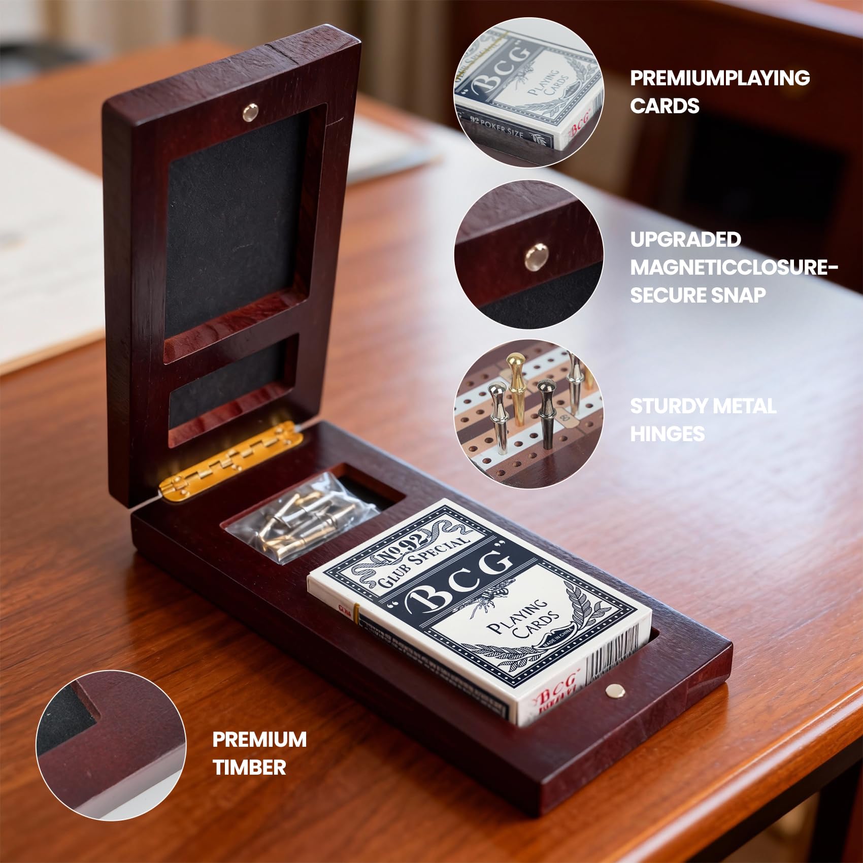 Aigomc cribbage board with magnetic lock keeps components secure during travel.