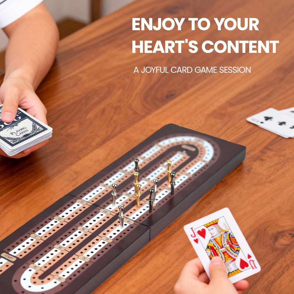 Aigomc gift-ready cribbage set with board, pegs, cards, guide.