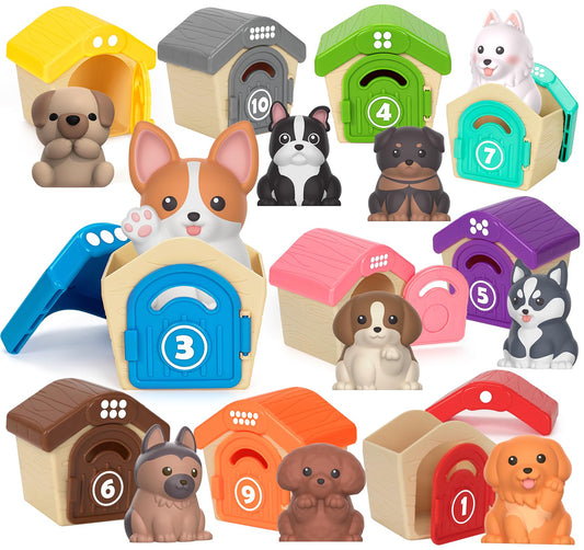Aigybobo puppy finger puppets with kennels promoting color recognition and fine motor play.