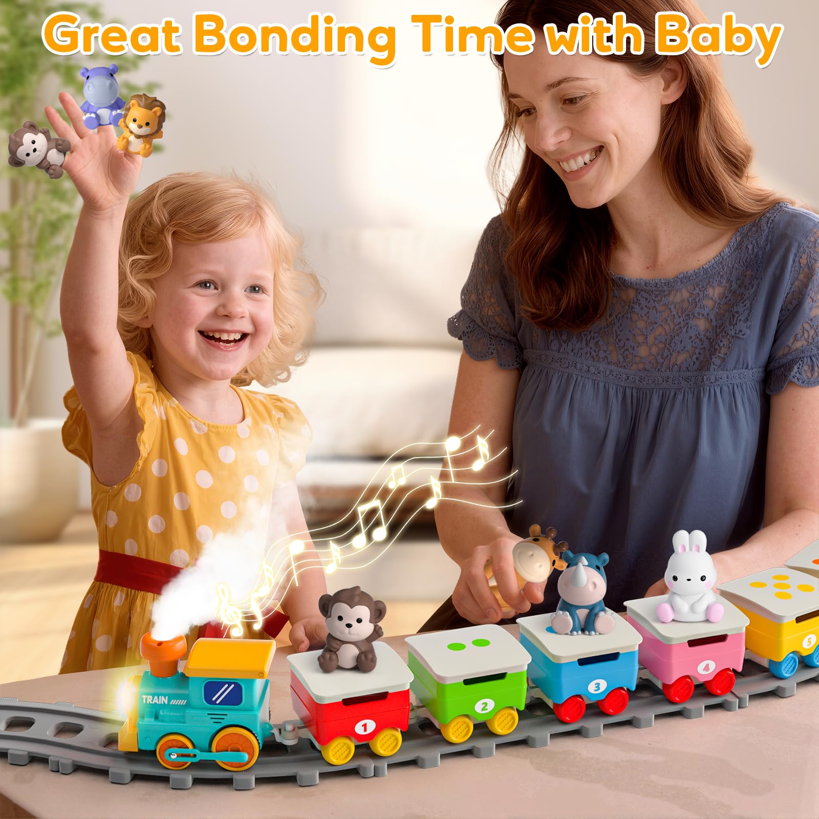 Aigybobo Toddler Train colorful carriages promote sorting, matching, and fine motor skills.