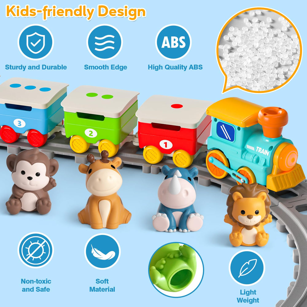 Aigybobo Toddler Train detachable roofs on carriages support color and number games.
