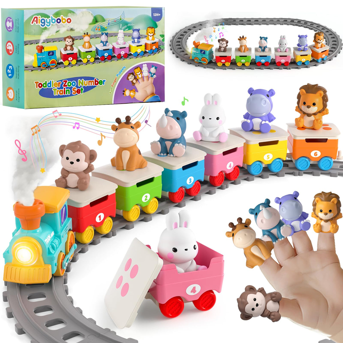 Aigybobo Toddler Train locomotive with lights and music for imaginative play.
