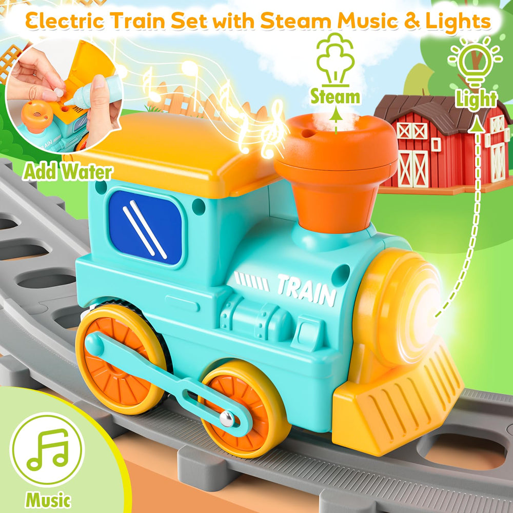 Aigybobo Toddler Train Set farm animals inside the cars invite pretend play.