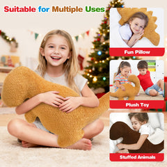 Aiideals Dino Nugget Pillow dino figure shown on bed adds cute bedroom decor.