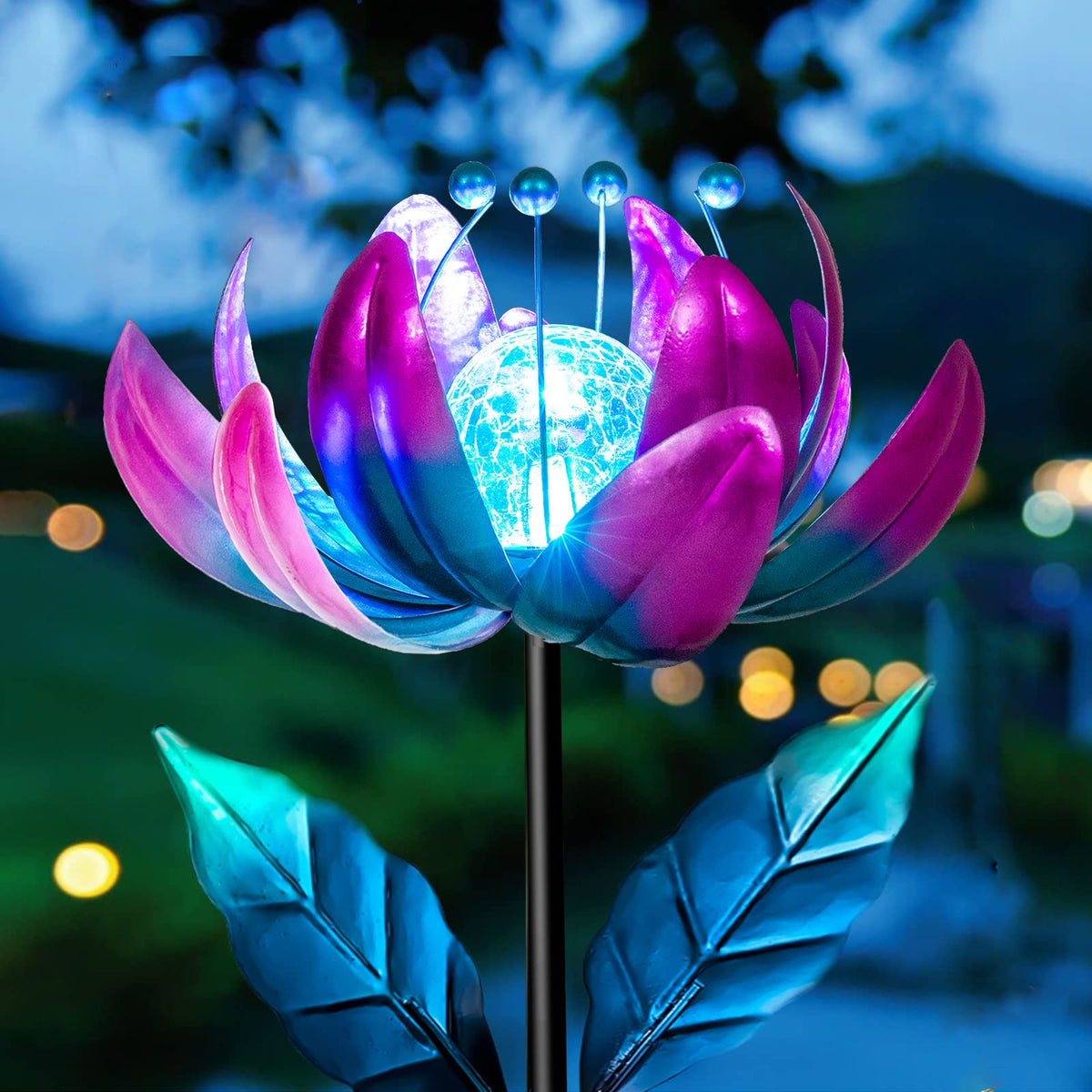 AIINY solar purple metal flower wind spinner with rotating petals in sun.