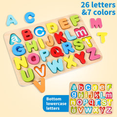 AILE wooden alphabet puzzle promotes color recognition through tactile, hands-on play.
