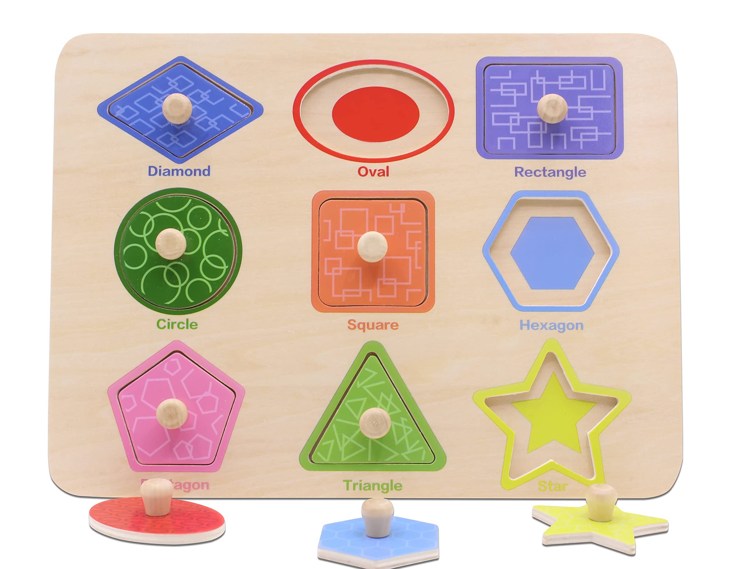 Aile pictures-under-each-piece help children match shapes quickly.