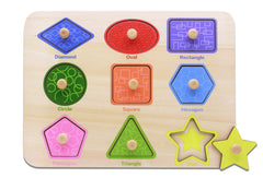 Aile toddler wooden shape puzzle board with colorful shapes to promote early recognition.