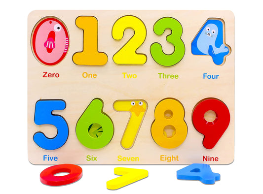 AILE wooden number puzzle blocks attract attention with bright colors.