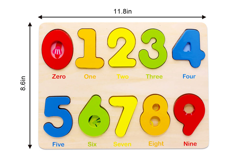 AILE wooden number puzzle board features cartoon illustrations for engagement.