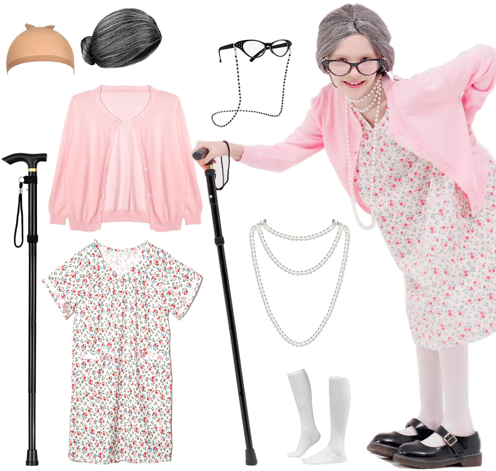 Aimeiar 100 Days Old Lady Costume Kit with wig and accessories for imaginative play.