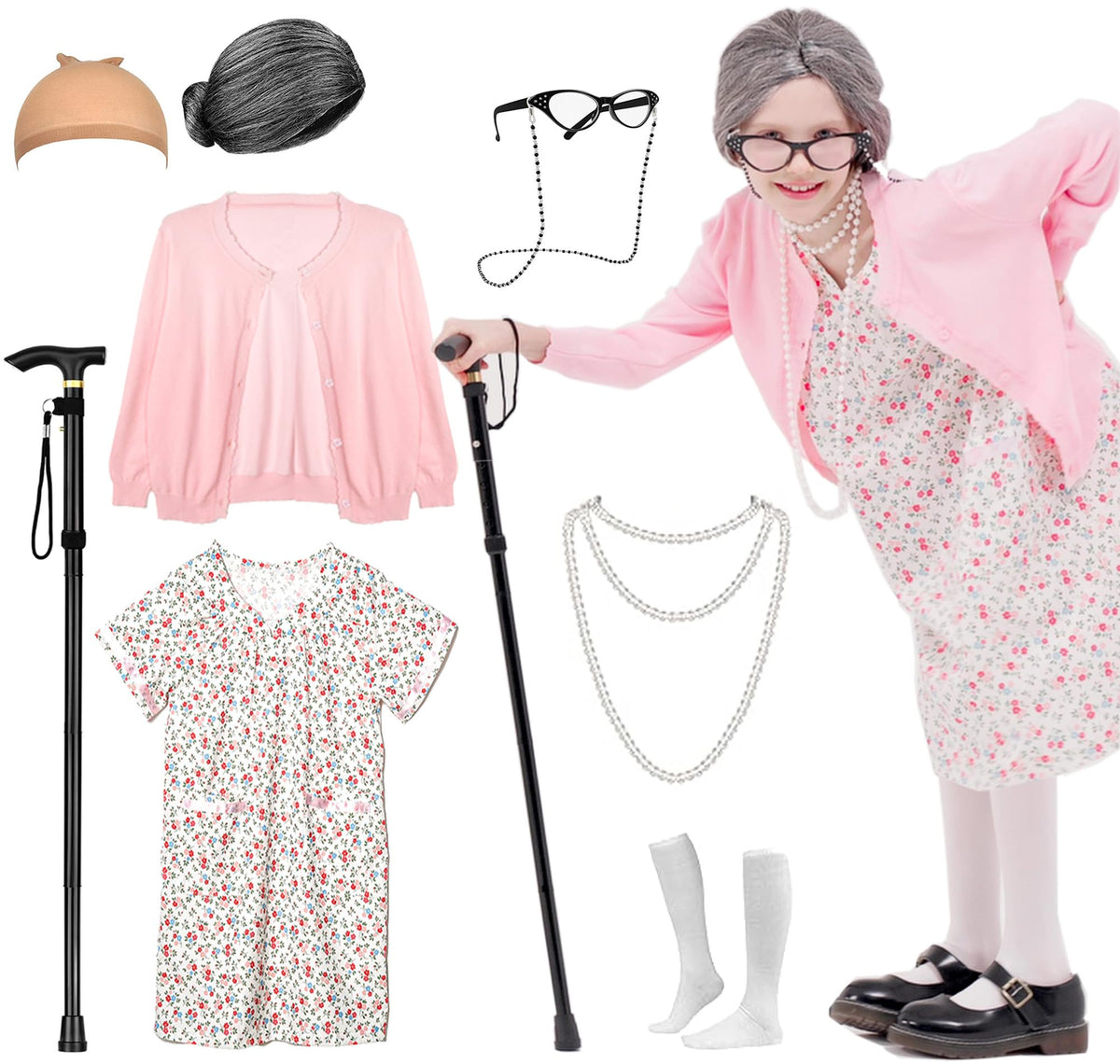 Aimeiar 100 Days Old Lady Costume Kit with wig and accessories for imaginative play.