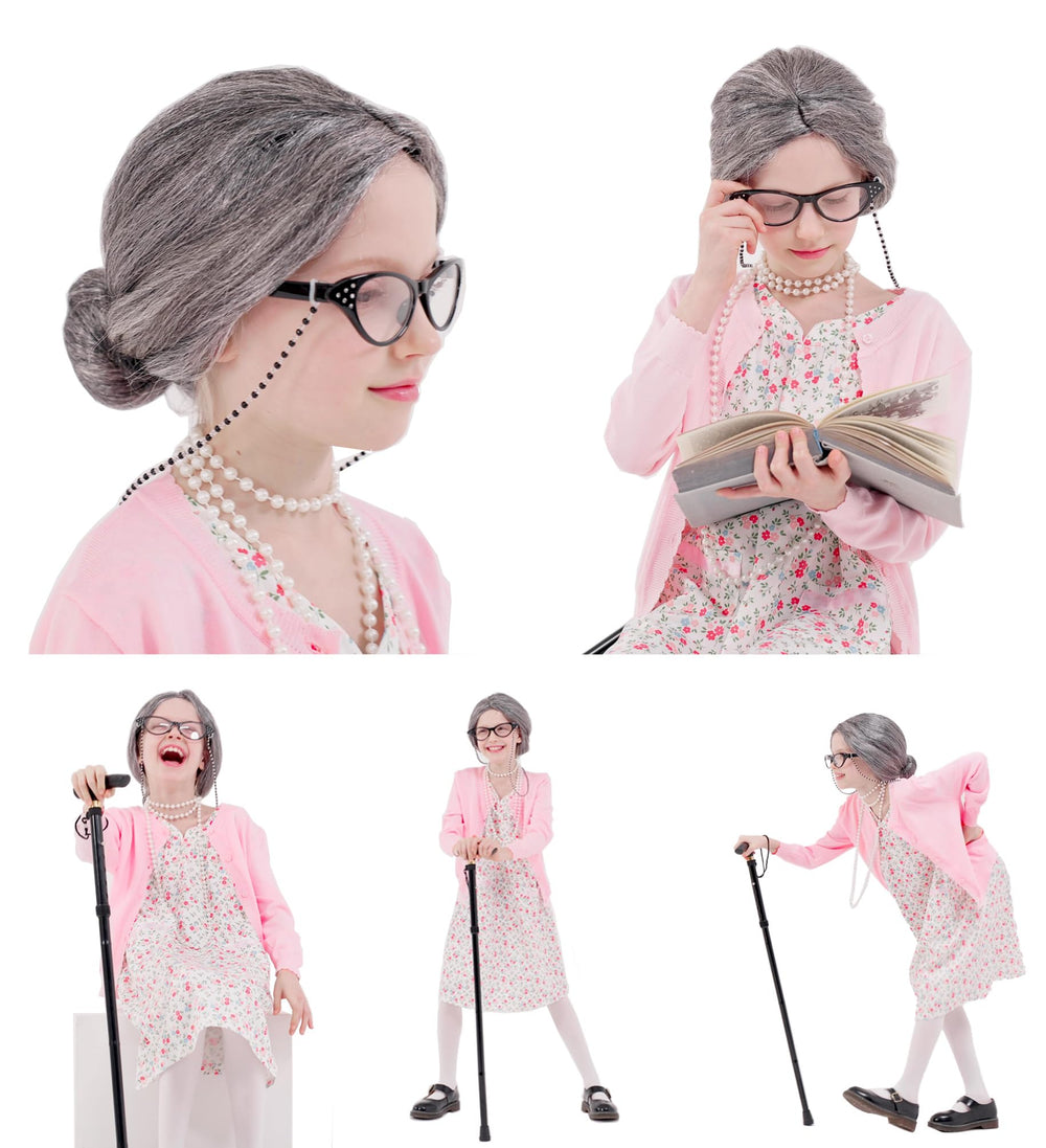 Aimeiar granny wig and glasses set creates an authentic grandma look for Halloween.