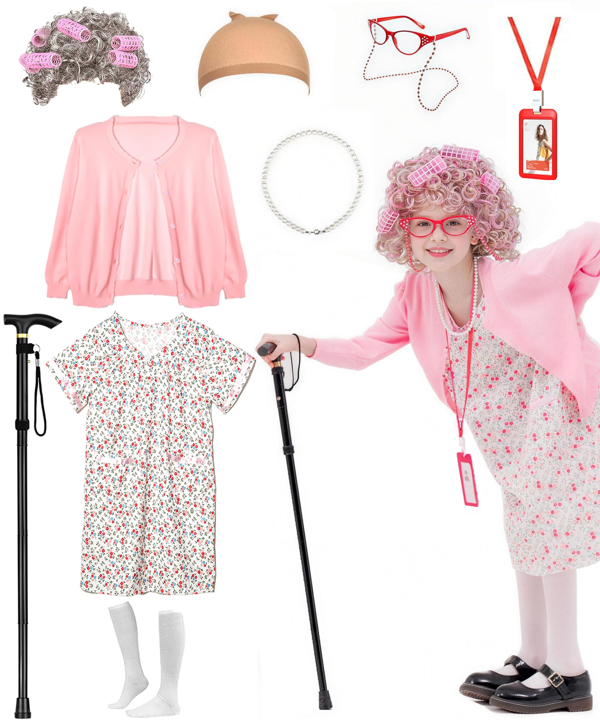 Aimeiar old lady wig set for kids, comfy and easy to wear