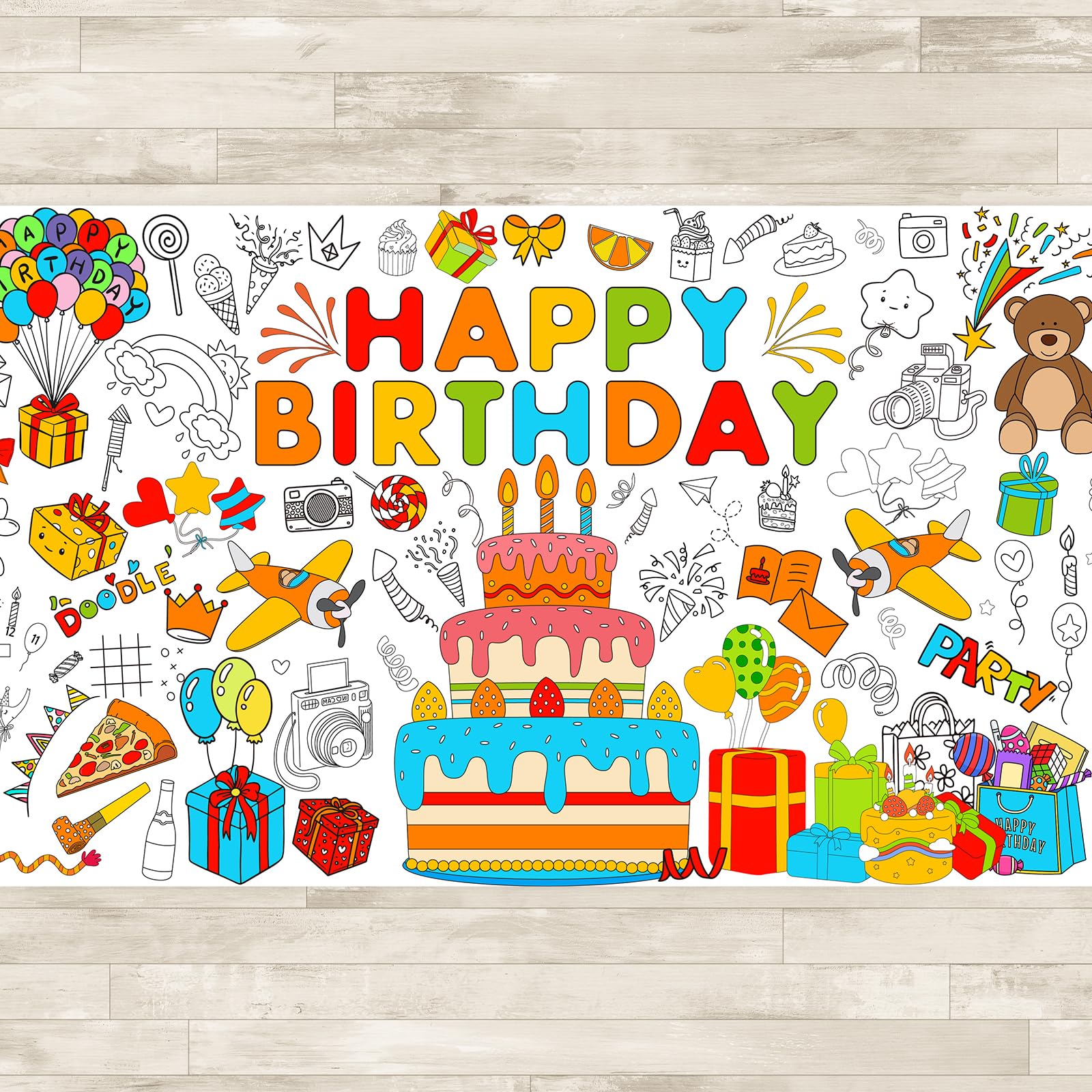 AinDen giant birthday coloring tablecloth on a table for collaborative art activity