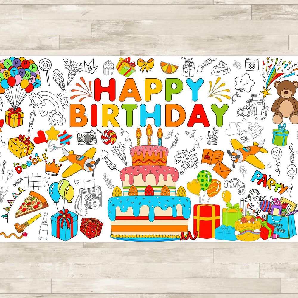 AinDen giant birthday coloring tablecloth on a table for collaborative art activity