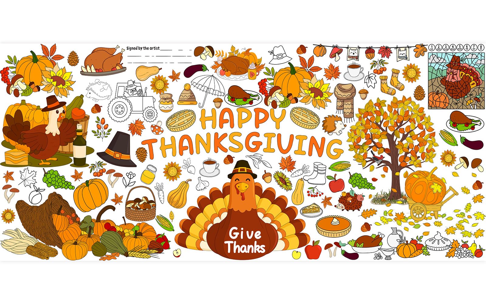 AinDen Thanksgiving tablecloth with turkeys for family coloring sessions.