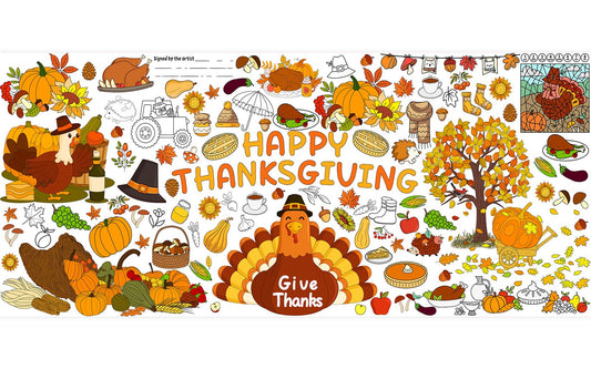 AinDen Thanksgiving tablecloth with turkeys for family coloring sessions.