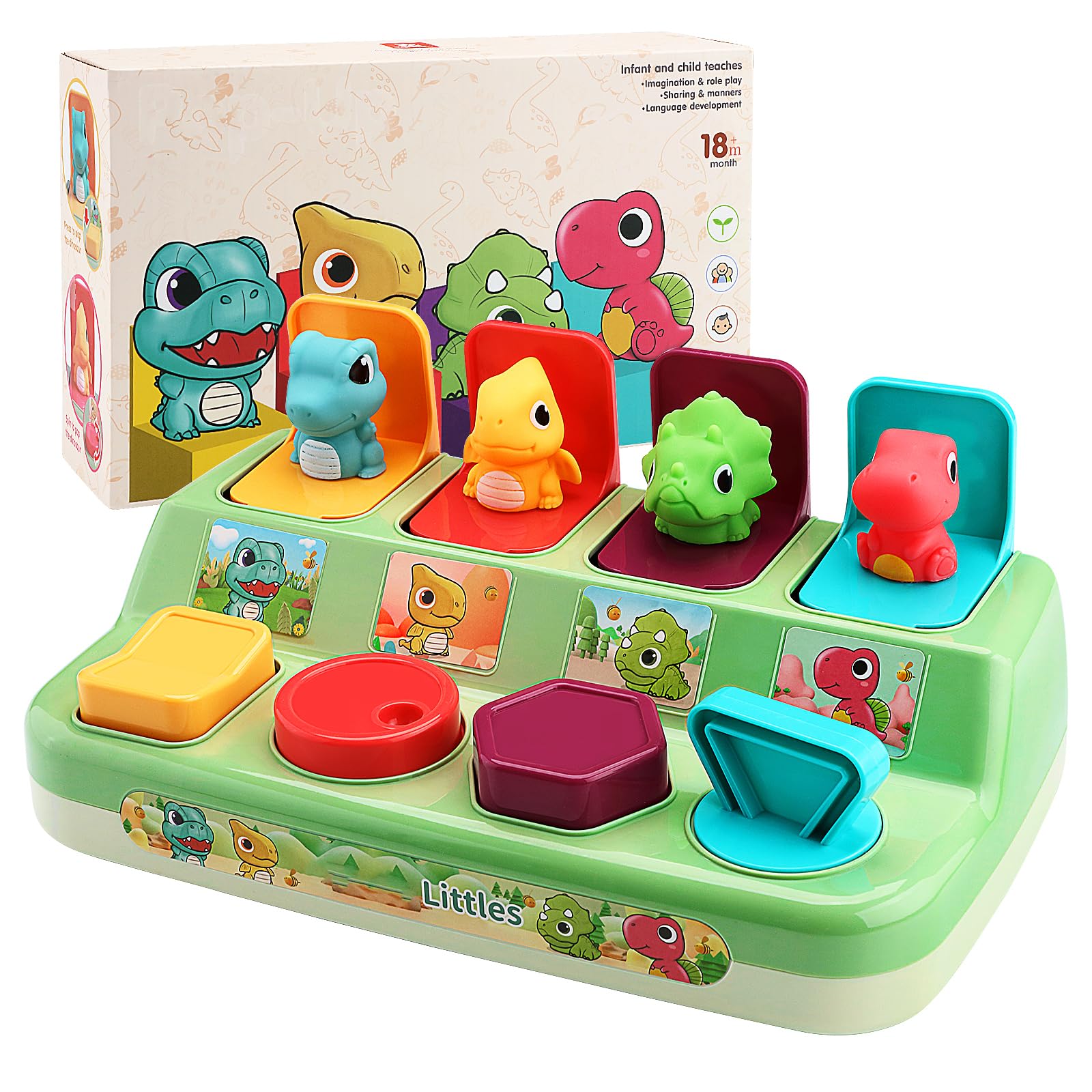 Aiqi Pop Up Animals: dinosaur action buttons reveal dinos for cause-and-effect learning.