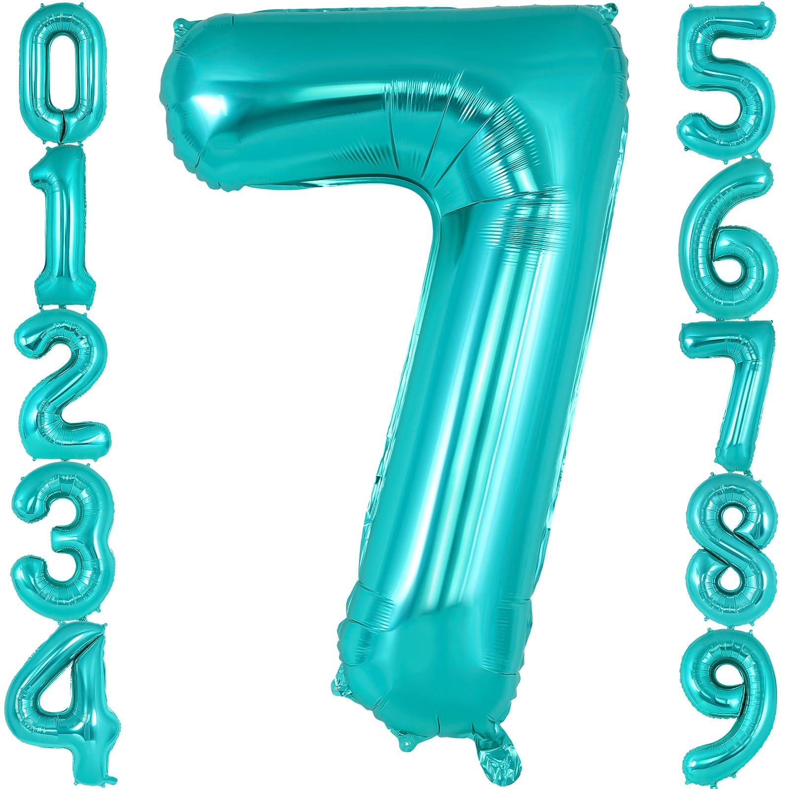 AIQINHU teal blue number 7 balloon close-up highlighting its 40 inch size for birthdays.