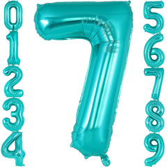 AIQINHU teal blue number 7 balloon close-up highlighting its 40 inch size for birthdays.