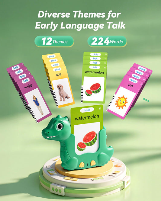 Airbition Talking Flash Cards laid out with images to aid word recognition.