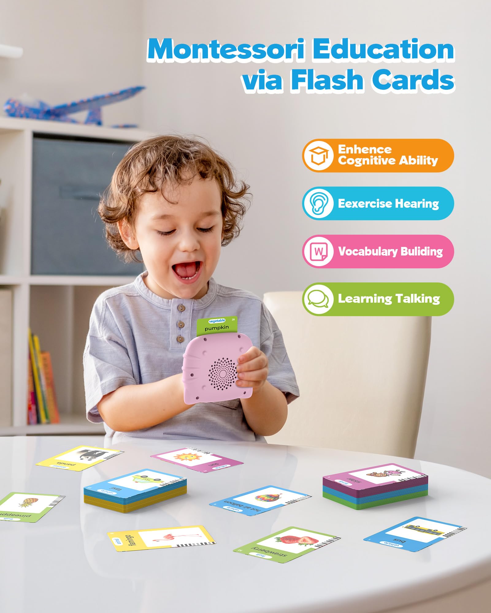 Airbition Talking Flash Cards vocabulary cards help expand daily word recognition.