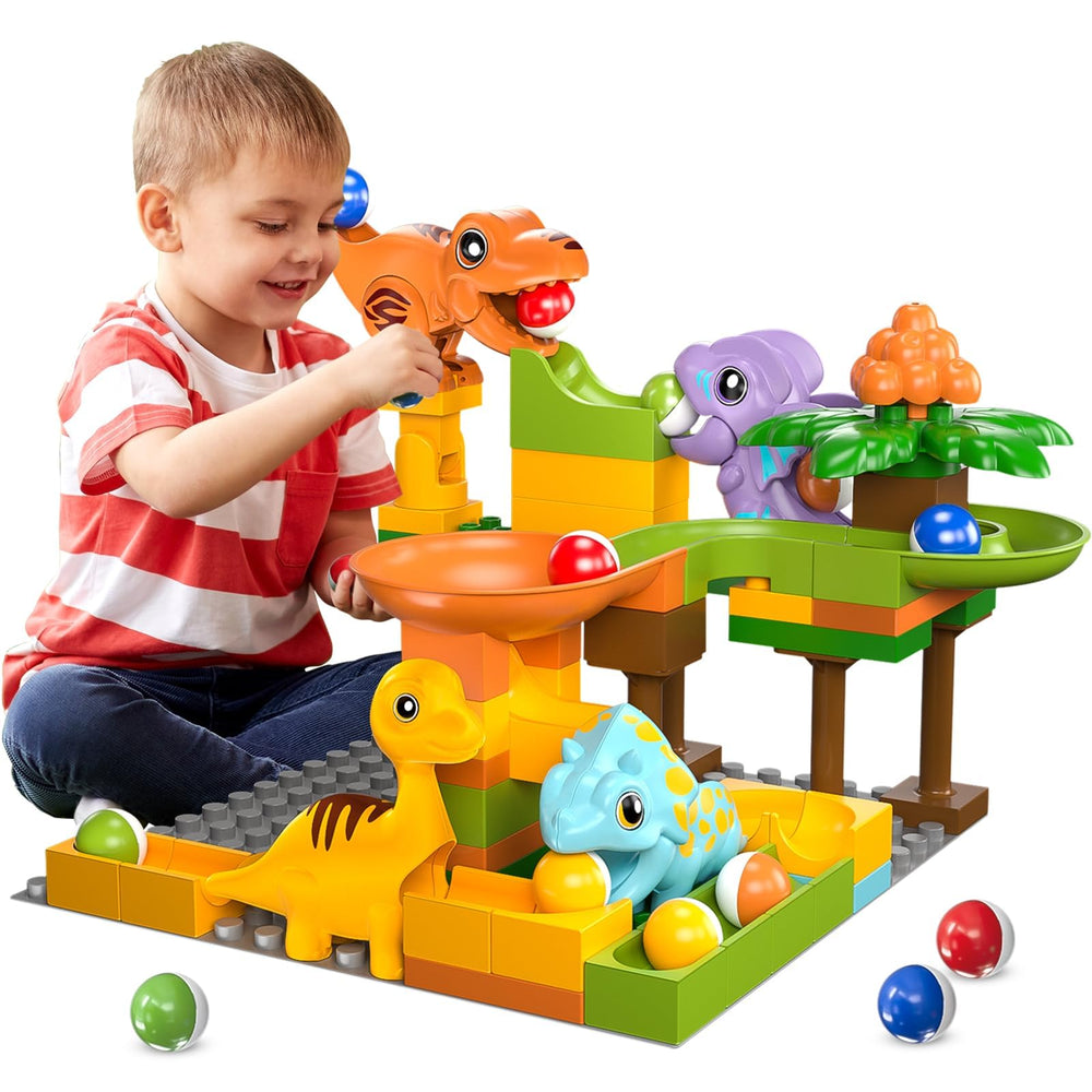 Airkid marble runs featuring Tyrannosaurus on a looping track for playful STEM exploration