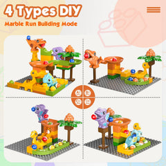 Airkid marble tracks with four dinosaur inspired challenges shown in action